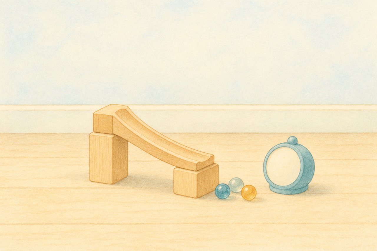 a half-built wooden marble run on a wooden floor with three marbles and a small round teal kitchen timer