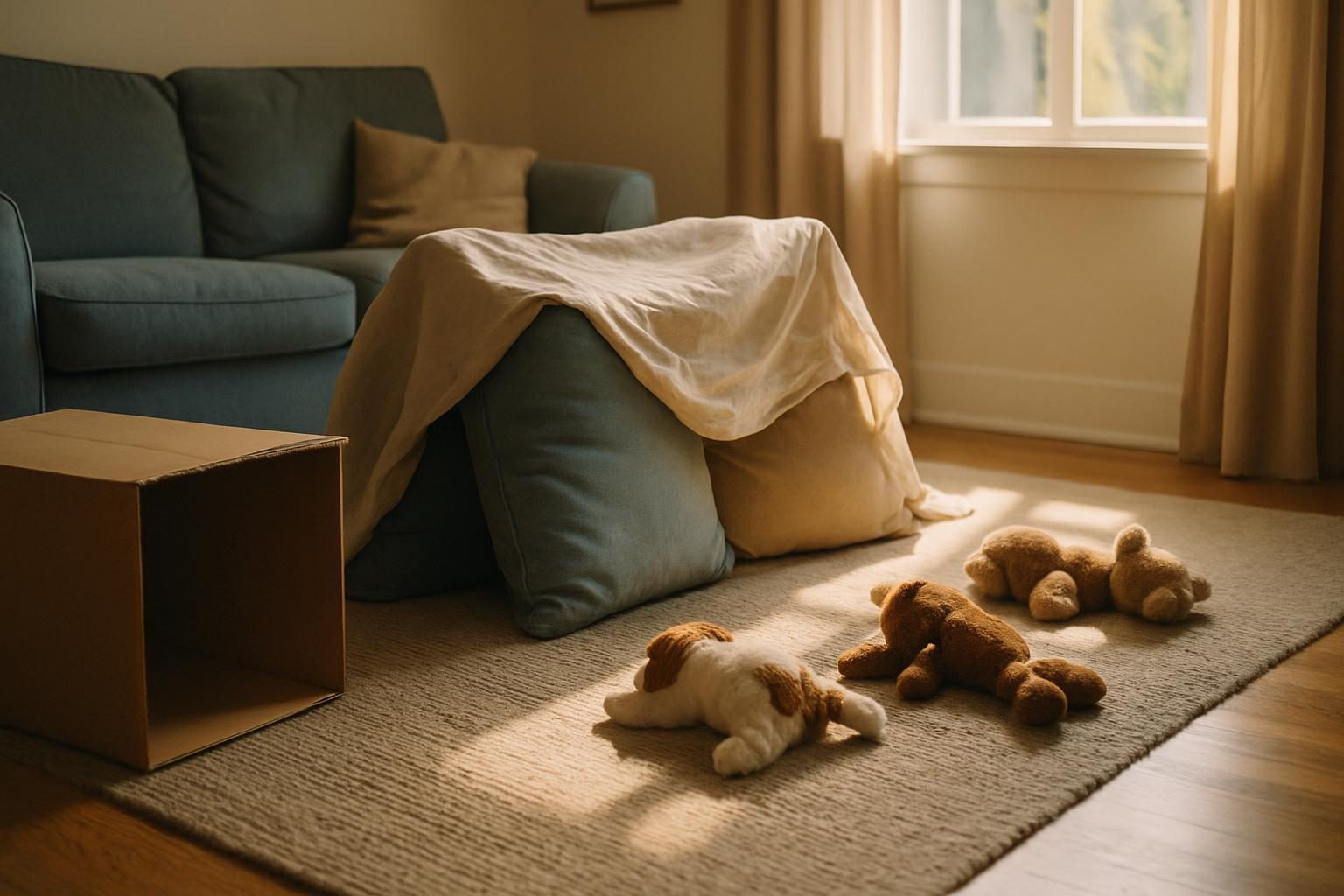 an empty living room floor in afternoon light with a cardboard box, a blanket and a few scattered toys
