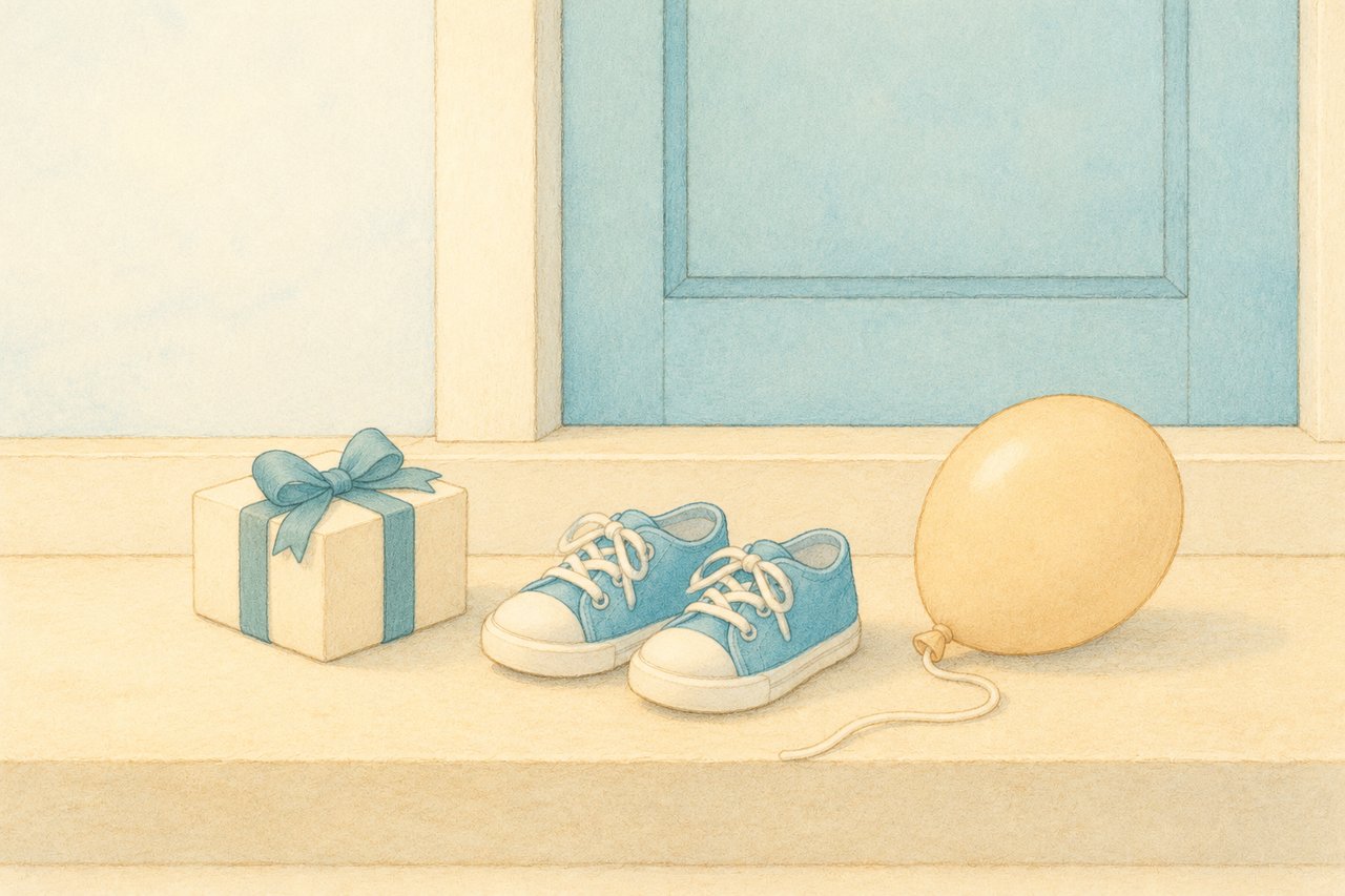 a wrapped birthday gift and a pair of small sneakers on a front step beside a balloon