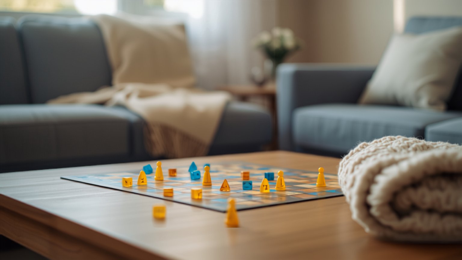 a cooperative board game left open on a coffee table with dice and a folded blanket beside it