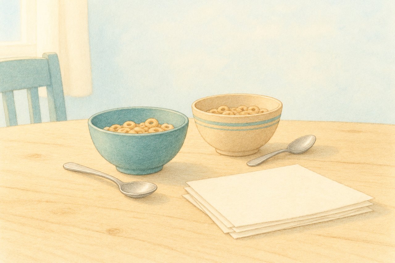 two mismatched cereal bowls and a small stack of school papers on a kitchen table in morning light